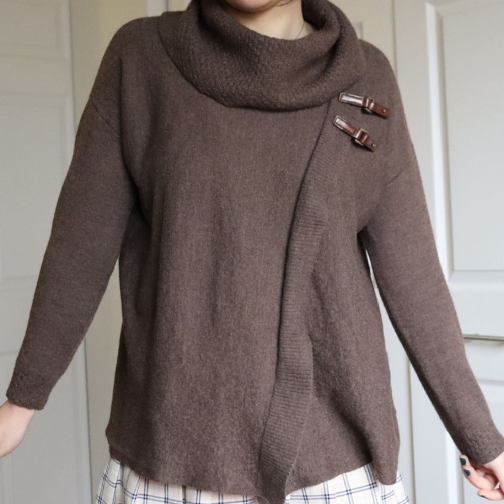 Brown Buckle Wool Turtleneck Sweater